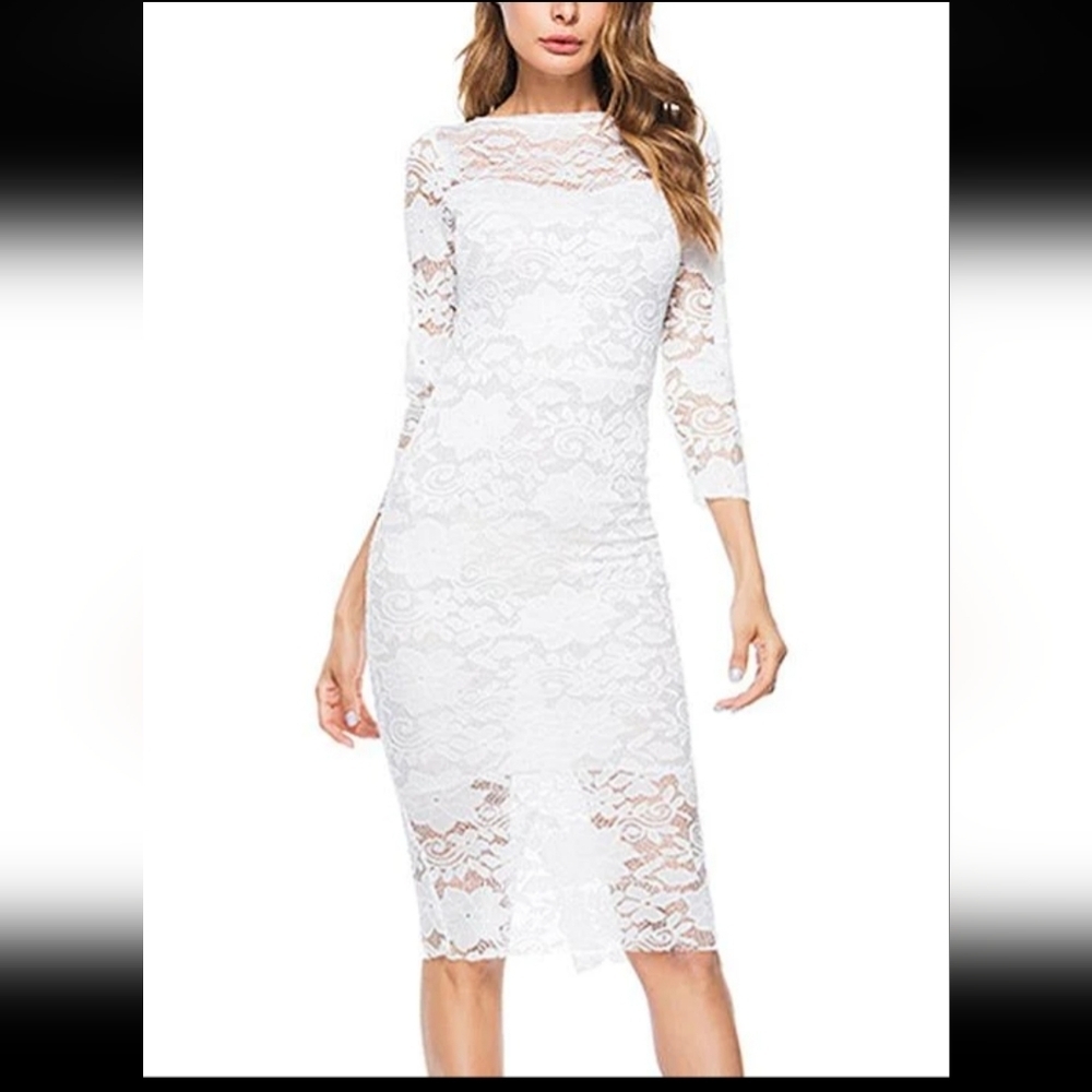 Shy Land White Lace Fitted Midi Dress